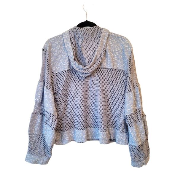 POL Women's Light Blue Cotton Boho Open Knit Eyelet Zip Up Hoodie Size M - Picture 2 of 5
